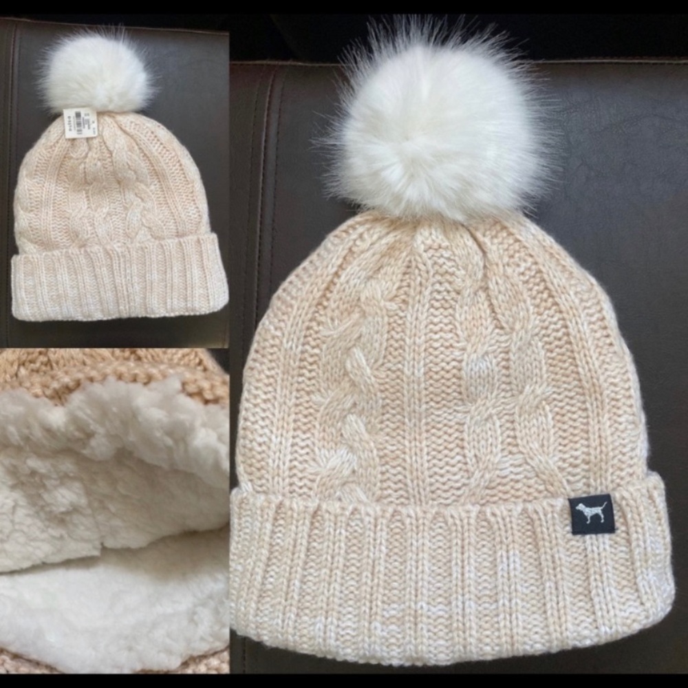 NWT Victoria’s Secret VS PINK Sherpa lined beanie Pom Pom - onesize